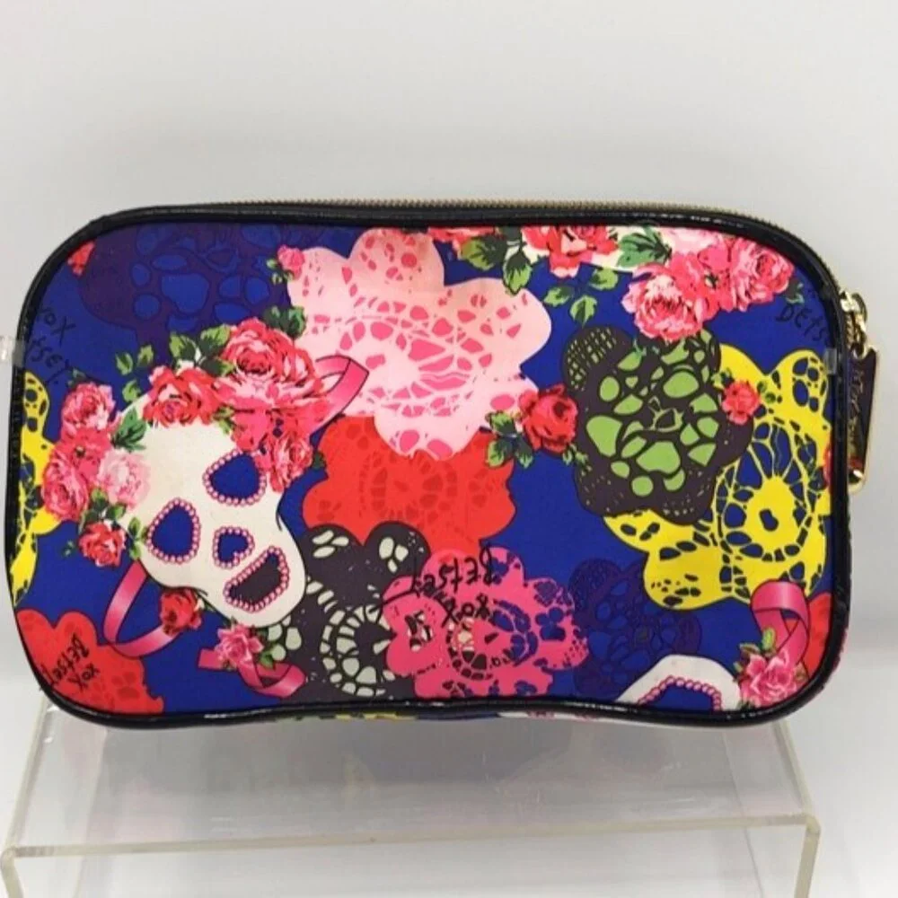 Betsey Johnson Make Up Pouch Bag Blue Pink Florals & Sugar Skulls Whimsigoth